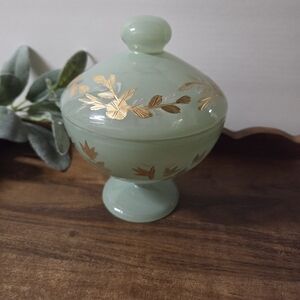 Mint Green Pedestal Glass Candy Dish W/ Lid and Gold Leaf Accents